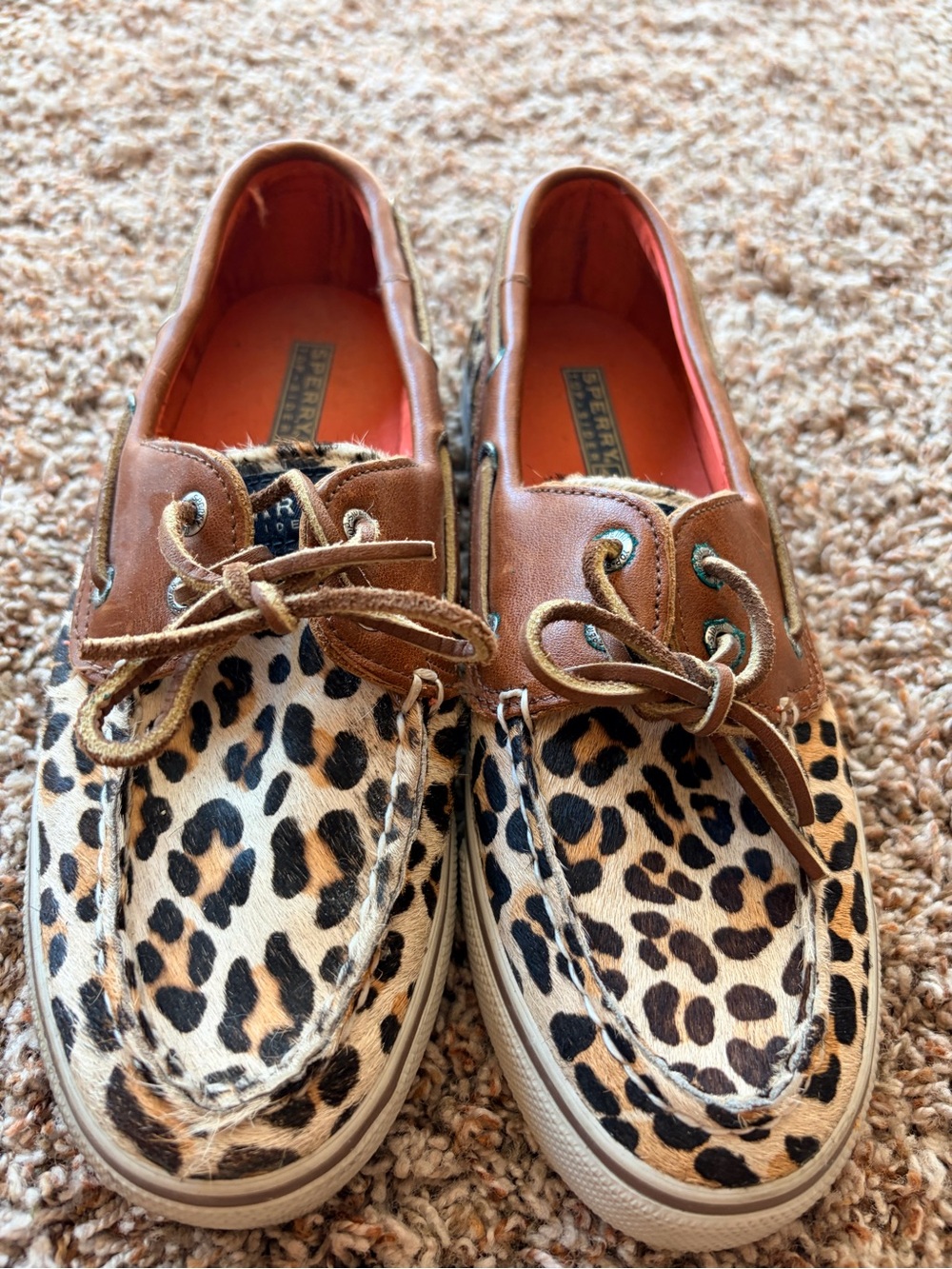 Sperry Leopard Print Slip-On Boat Shoes with Brown Trim